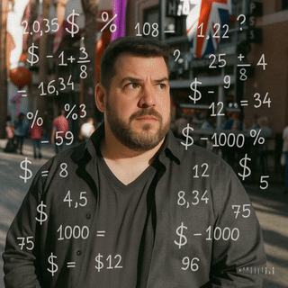 man with numbers floating around his head.